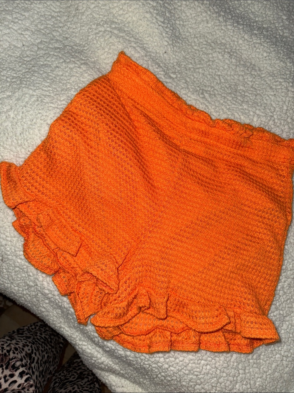2.5in inseam Bright Orange Knit Ruffle Hem Women’s Shorts with Liner
